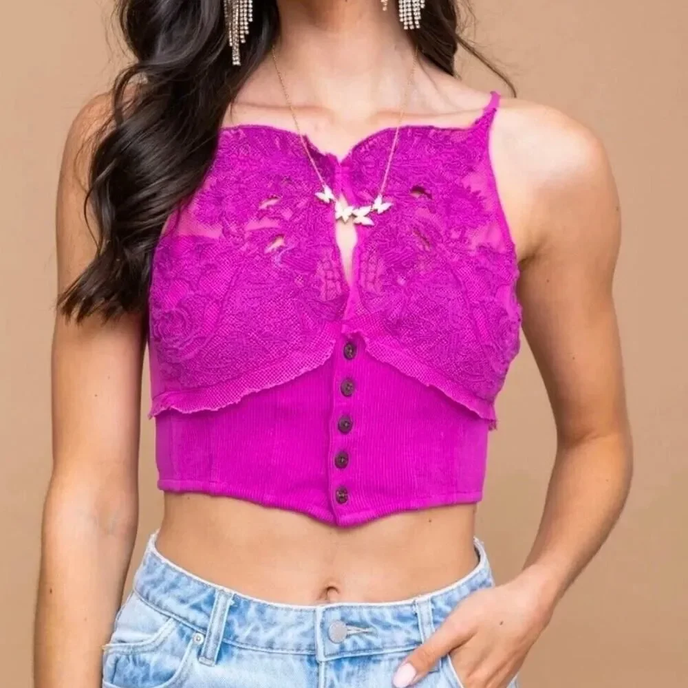 Free People Have My Heart Tank Top XS Raspberry Sorbet Lace Crop Babydoll Cami